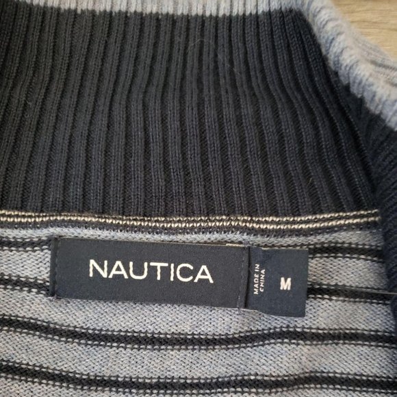 Nautica Mock Turtleneck Striped Knit Pullover Sweater Blue Size Medium - Picture 8 of 11